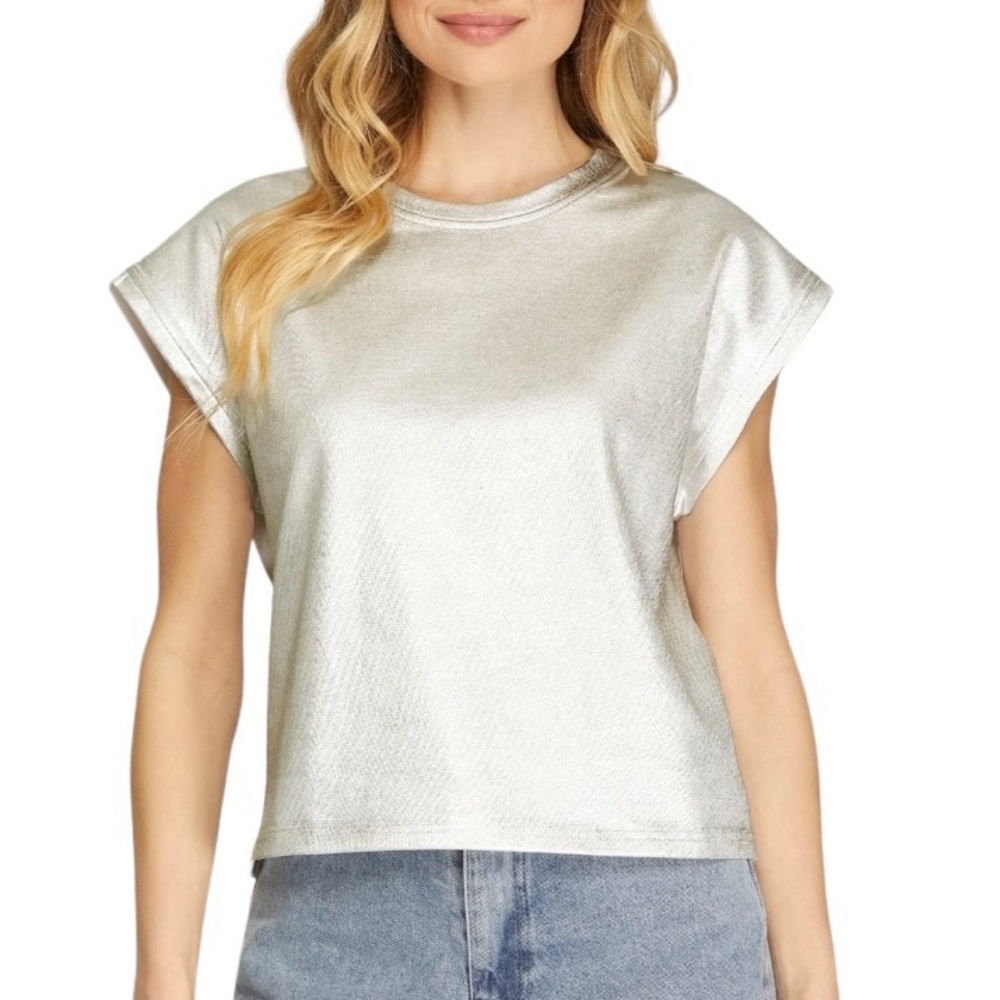 240. Women's Off-White Metallic Silver Knit Muscle Tee